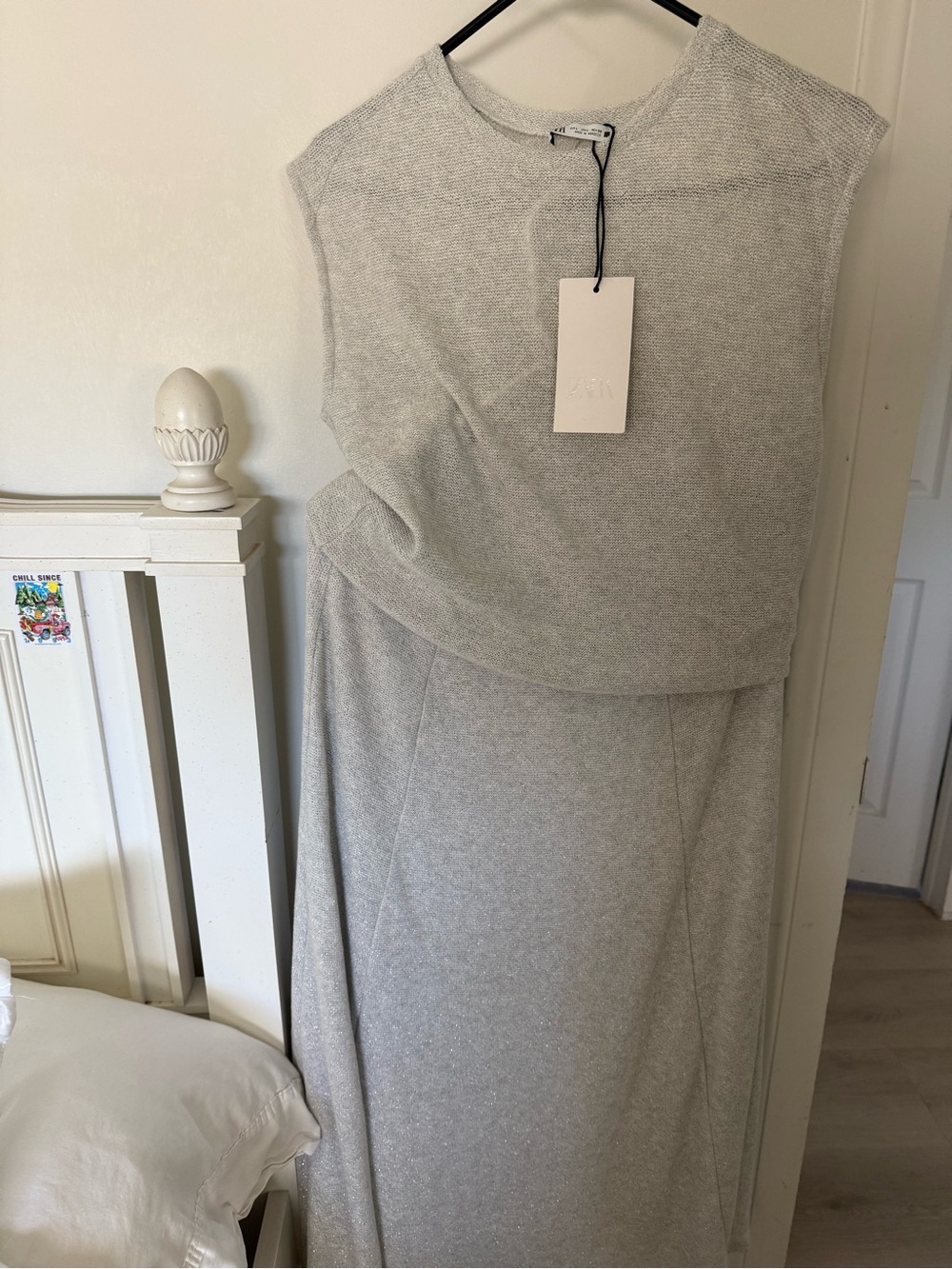 Zara Sleeveless top & skirt in metallic Gray Knit Sz L top M bottom NWT